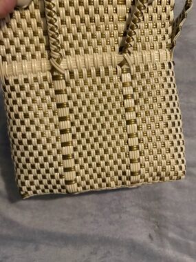 Woven Straw-Style Tote Bag in Cream and Gold